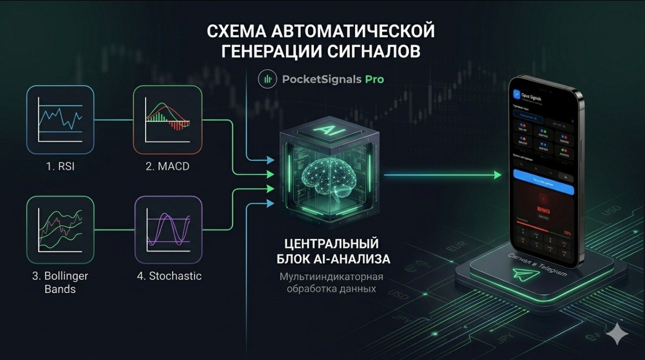Как AI-бот генерирует сигналы для Pocket Option Схема работы AI-бота для бинарных опционов: данные с рынка, анализ четырёх индикаторов RSI, MACD, Bollinger Bands, Stochastic, фильтр по уверенности и отправка сигнала в Telegram